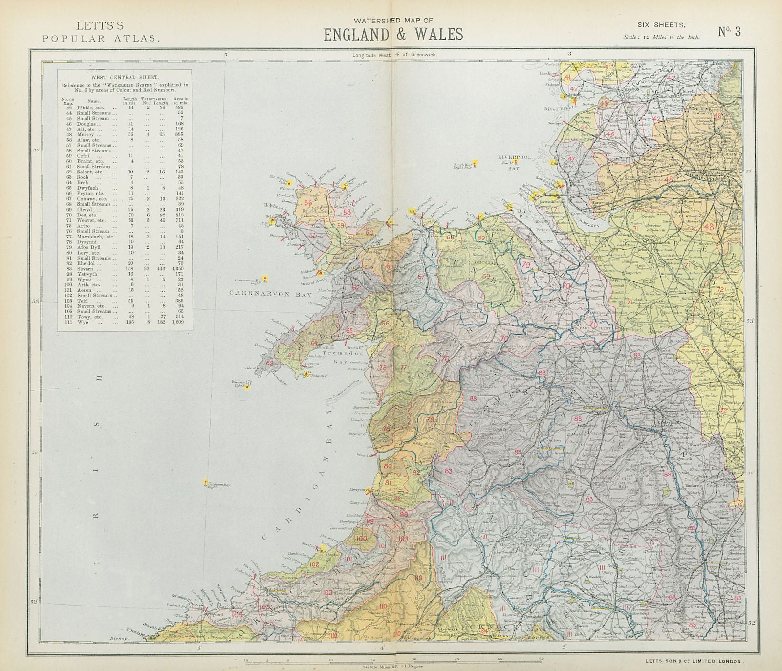 NORTHWEST ENGLAND & NORTH WALES WATERSHEDS & Lighthouses. LETTS 1883 old map